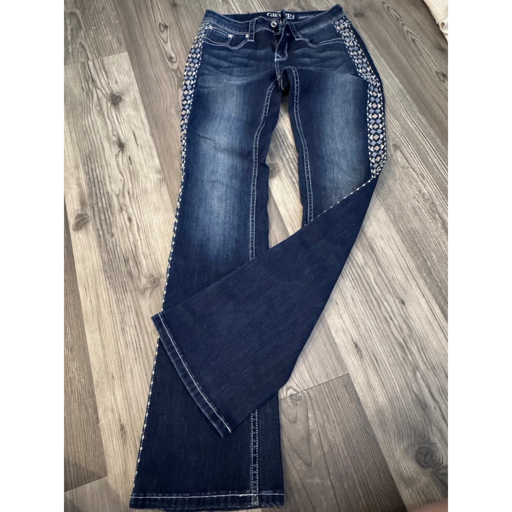 Grace in LA Womens Bootcut Jeans Dark Wash Embroidered Side Diamond Pattern 26